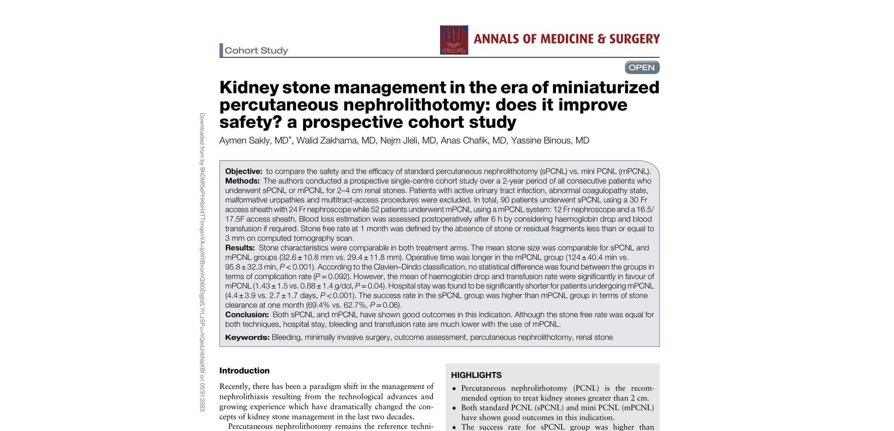 Kidney stone management in the era of miniaturized percutaneous nephrolithotomy: does it improve safety? a prospective cohort study